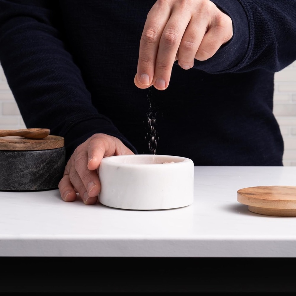 Cork & Mill White Marble Salt Cellar with Acacia Wood Lid and Spoon - Picture 5 of 14